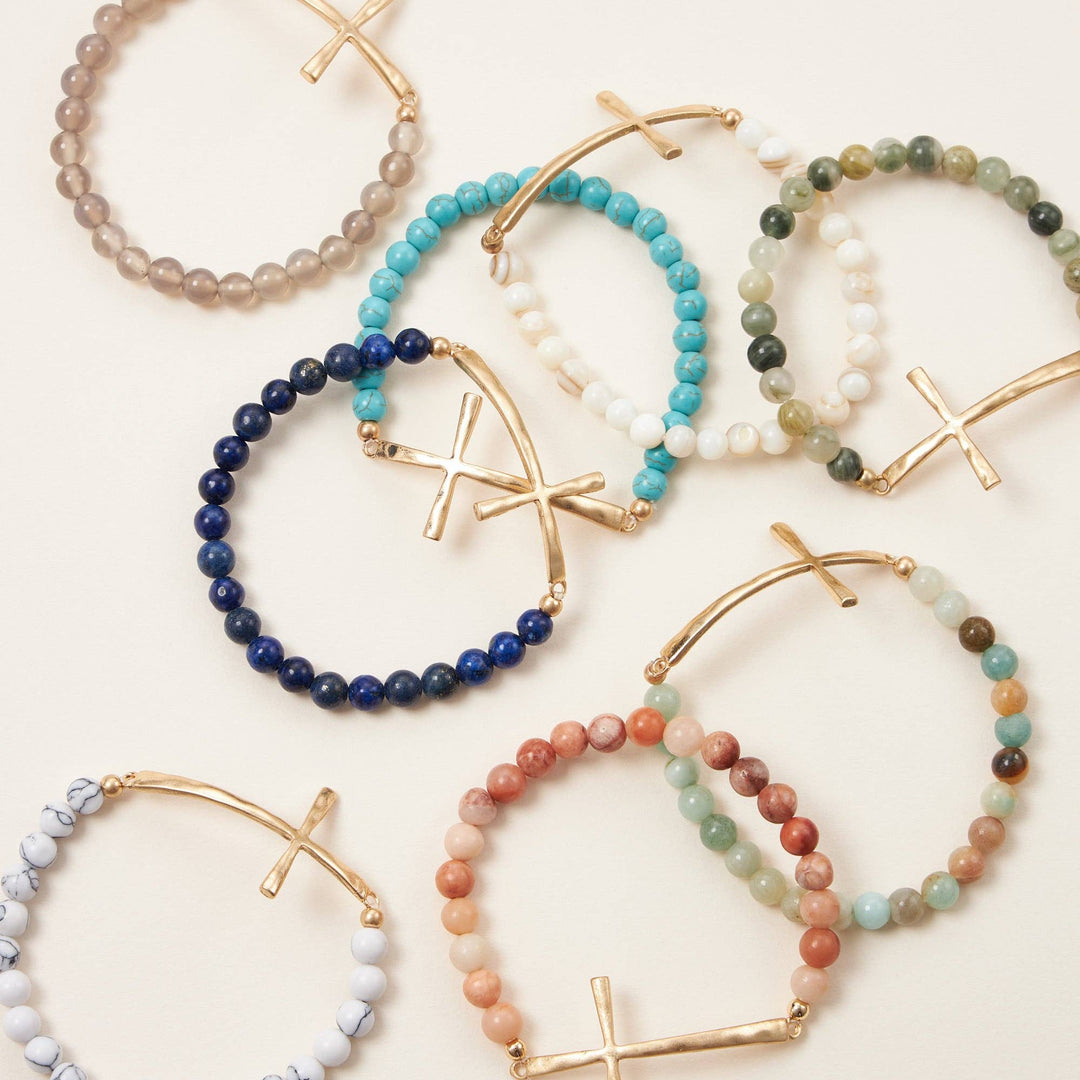 Accessories, Bracelets - Natural Stone Cross Stretch Bracelet - - Cultured Cloths Apparel