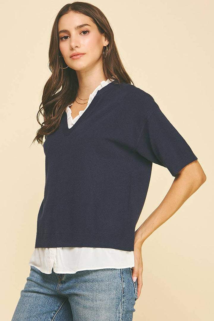 Women's Short Sleeve - MIXED MEDIA LAYERED KNIT TOP - - Cultured Cloths Apparel