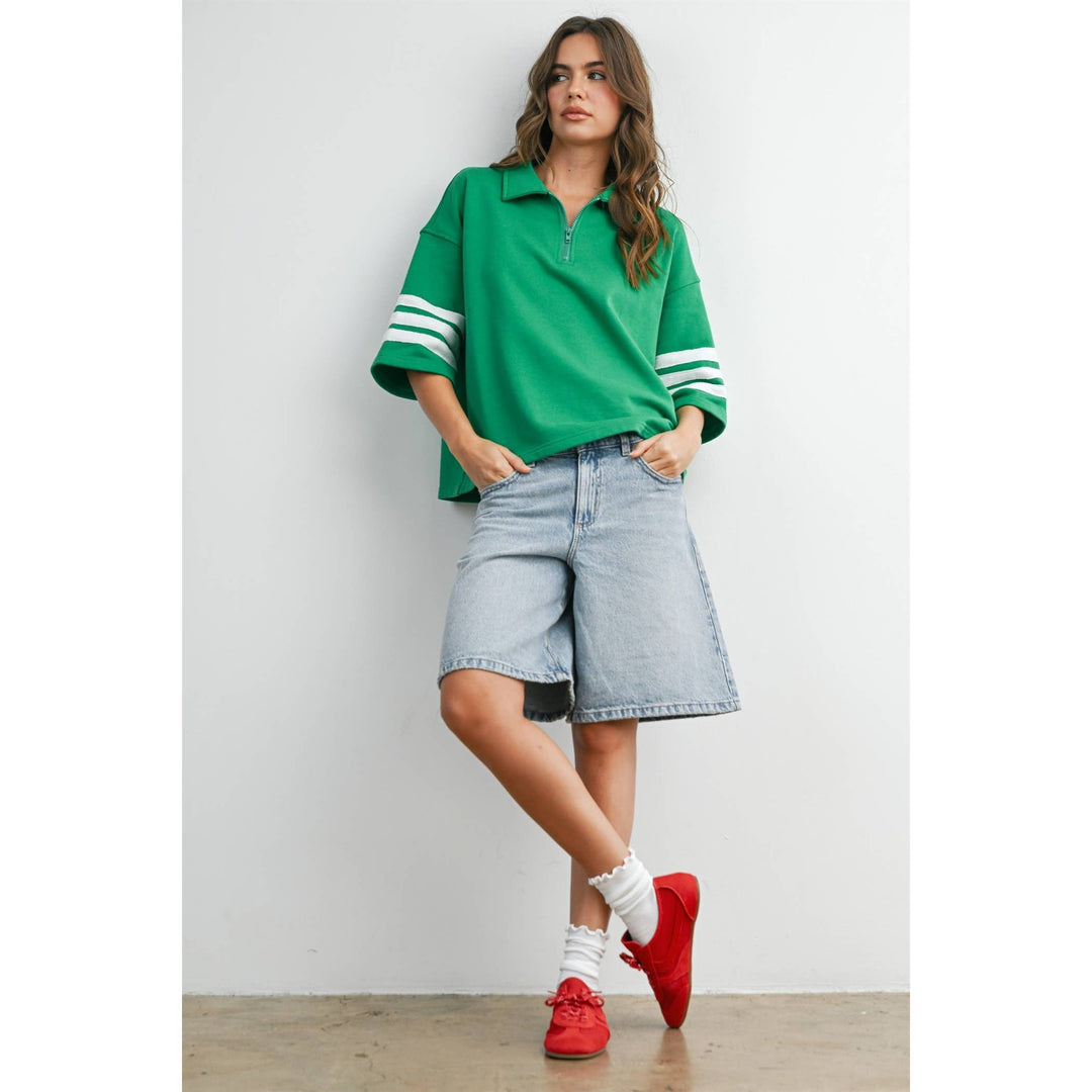 Women's Short Sleeve - Striped Sleeve Quarter-Zip Pullover - GREEN / IVORY - Cultured Cloths Apparel