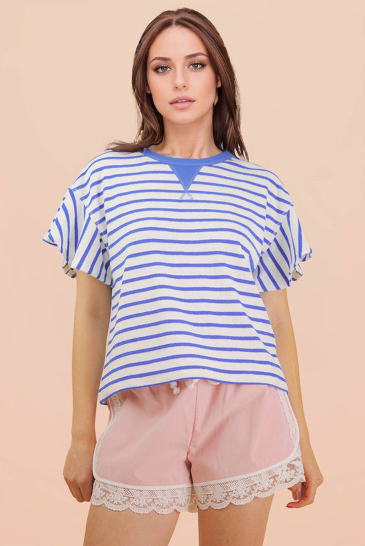 Oversized Ruffle Sleeve Casual Stripe Knit Top