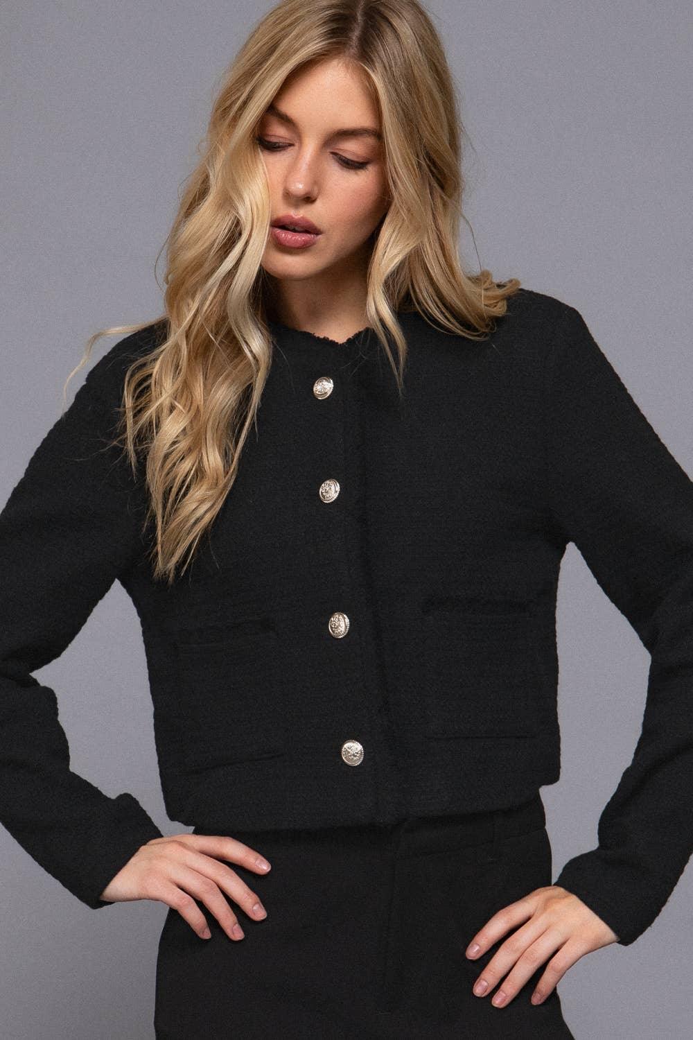 Outerwear - Long Sleeve Crew Neck Button Down Tweed Jacket - BLACK - Cultured Cloths Apparel