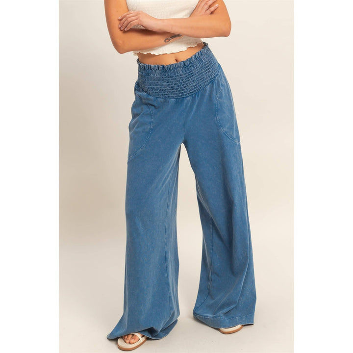 Mineral Washed Wide-Leg Smocked Waist Pants