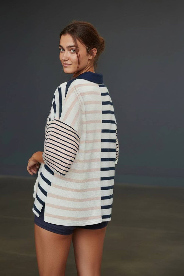 Women's Short Sleeve - Stripe-block Collar Short-sleeve Top - - Cultured Cloths Apparel