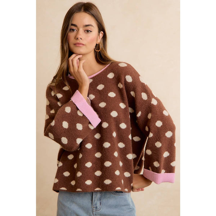 CONTRAST NECK AND ROLL UP DETAIL POLKA DOT SWEATER