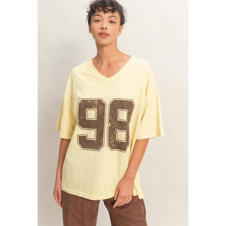 Graphic T-Shirts - Oversized Varsity Style V-Neck Graphic T-Shirt - - Cultured Cloths Apparel