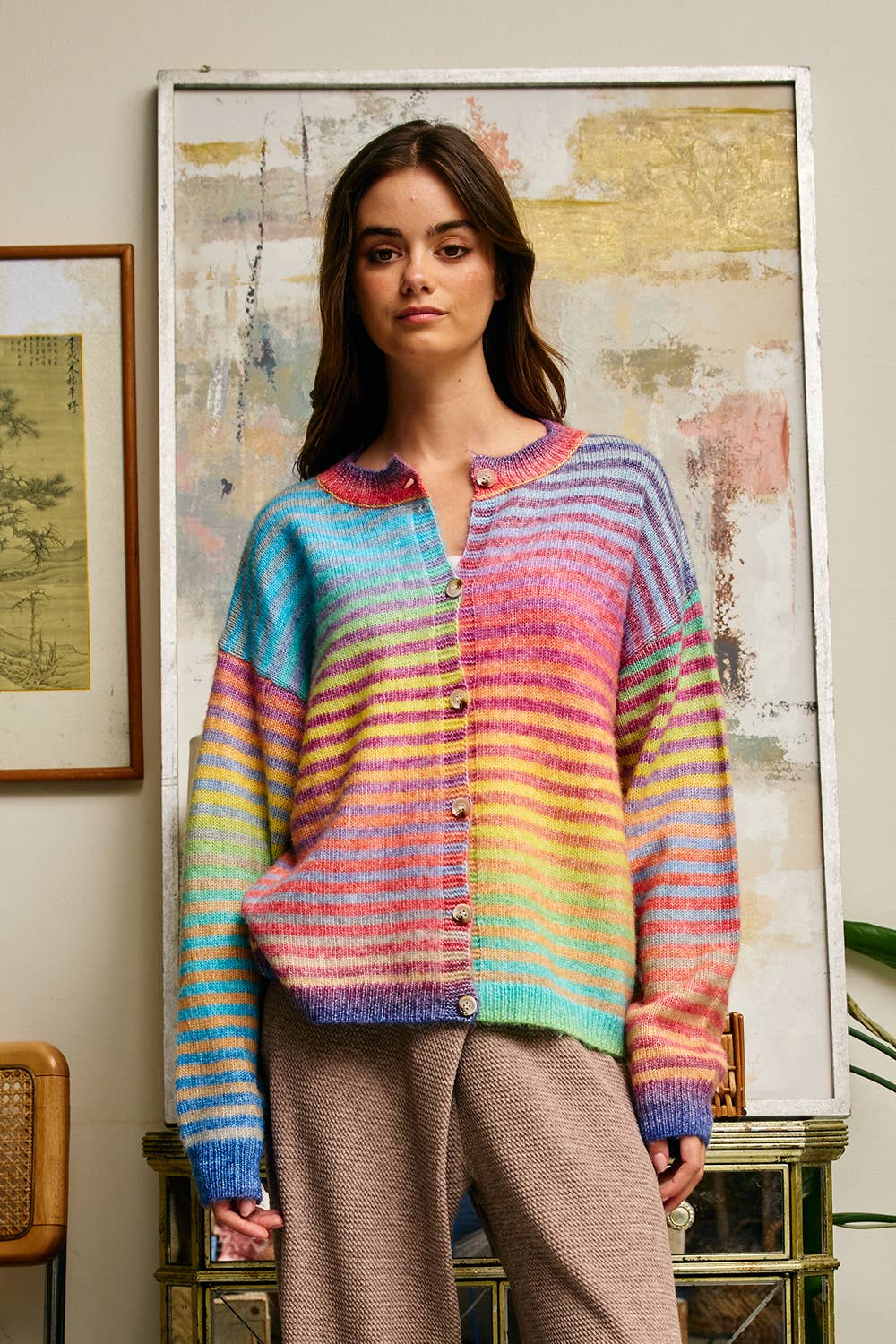 Cardigans - Space-Dye Striped Button-Down Cardigan - RAINBOW - Cultured Cloths Apparel