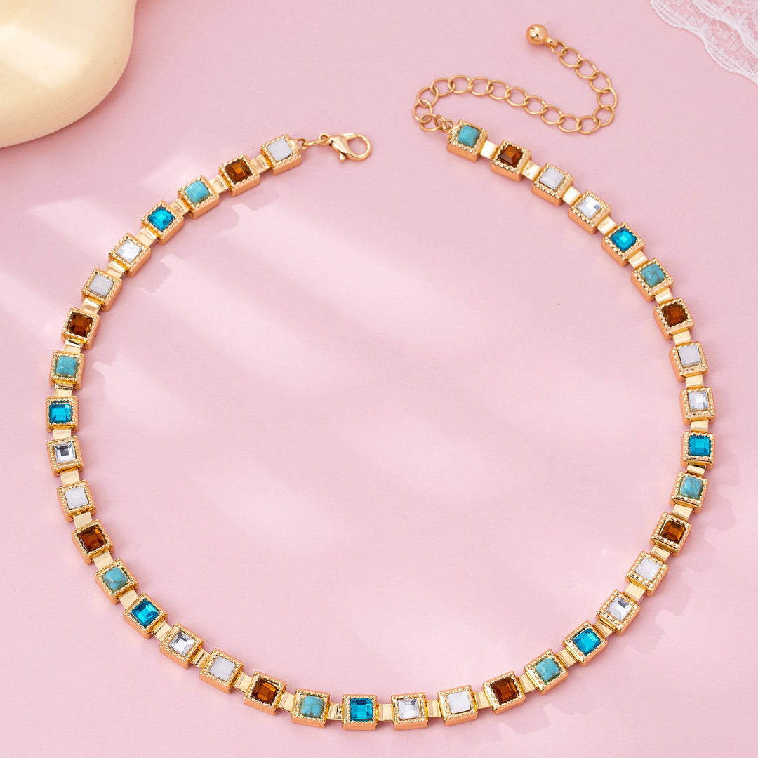 Accessories, Necklaces - Multicolor Square Gemstone Long Necklace - - Cultured Cloths Apparel