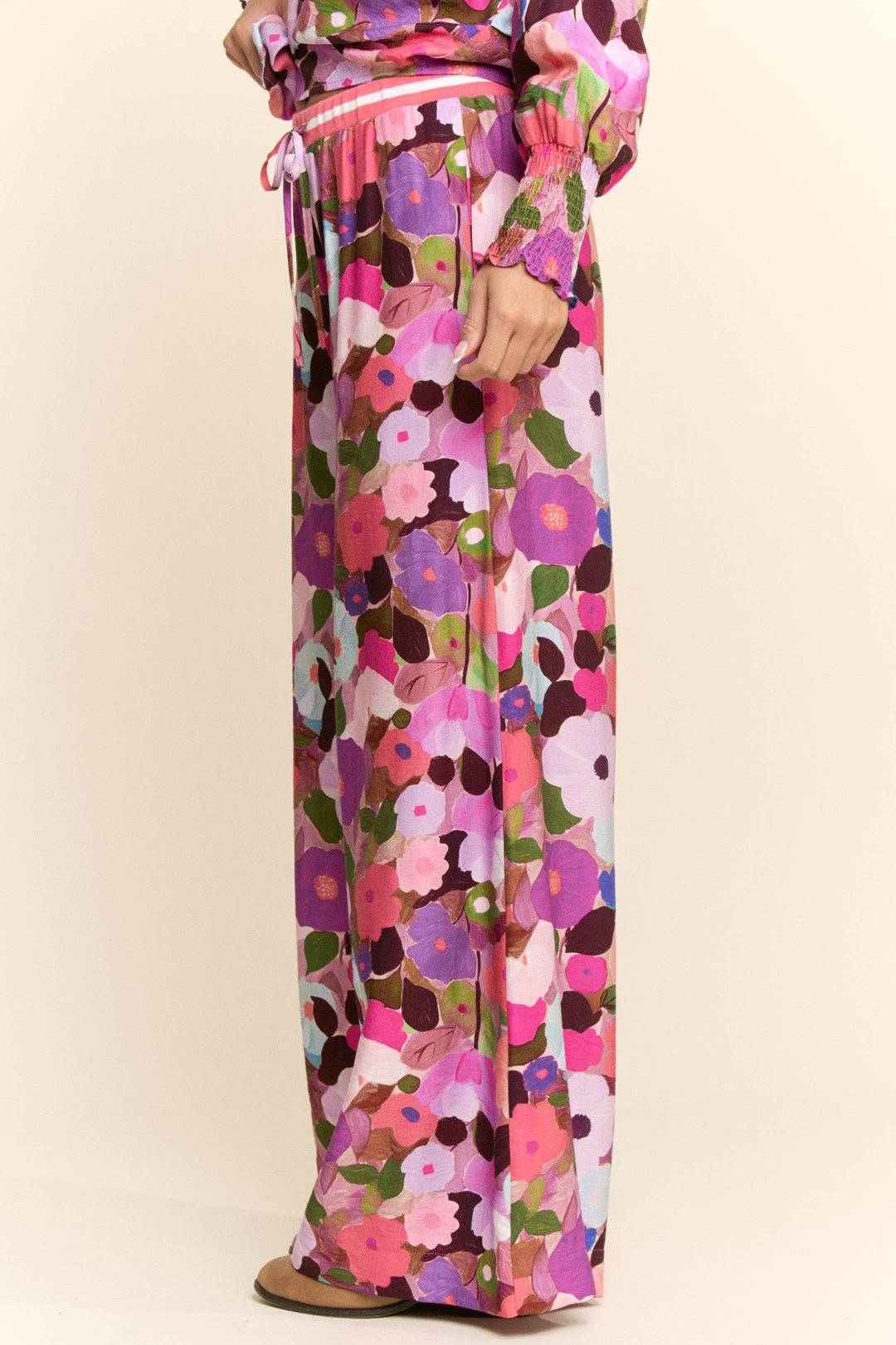 Pants - BERRY FLORAL PRINT WIDE-LEG PANTS WITH DRAWSTRING WAIST - - Cultured Cloths Apparel