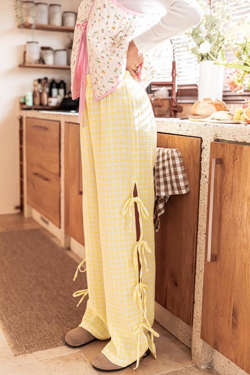 Pants - Bow Side Split Plaid Casual Pants - Yellow - Cultured Cloths Apparel