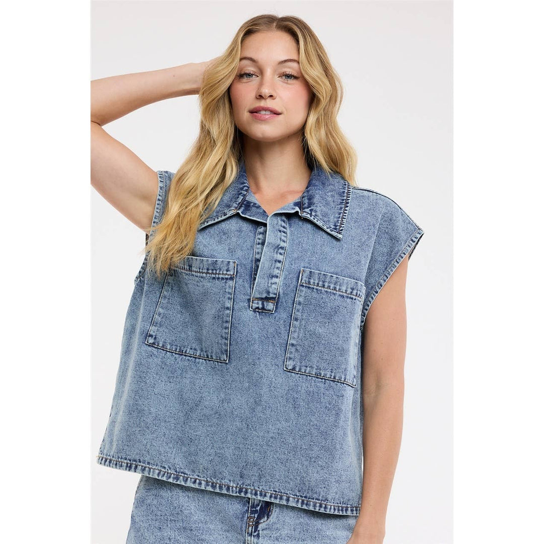 COTTON DENIM COLLARED TOP