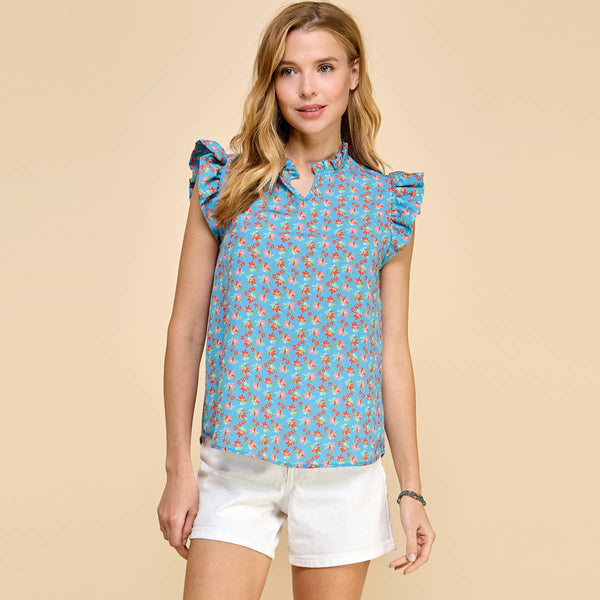 Women's Sleeveless - Floral Printed Top with V Neck and Ruffled Sleeves -  - Cultured Cloths Apparel