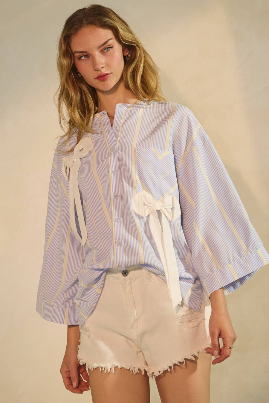 Women's Long Sleeve - Striped Bow Blouse - - Cultured Cloths Apparel