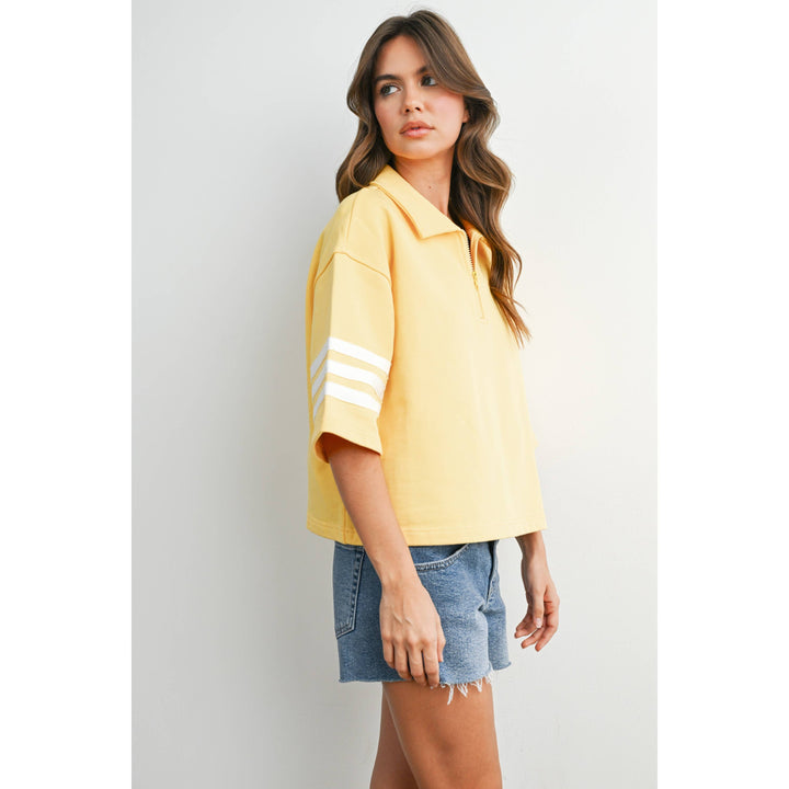 Women's Short Sleeve - Striped Sleeve Quarter-Zip Pullover - - Cultured Cloths Apparel