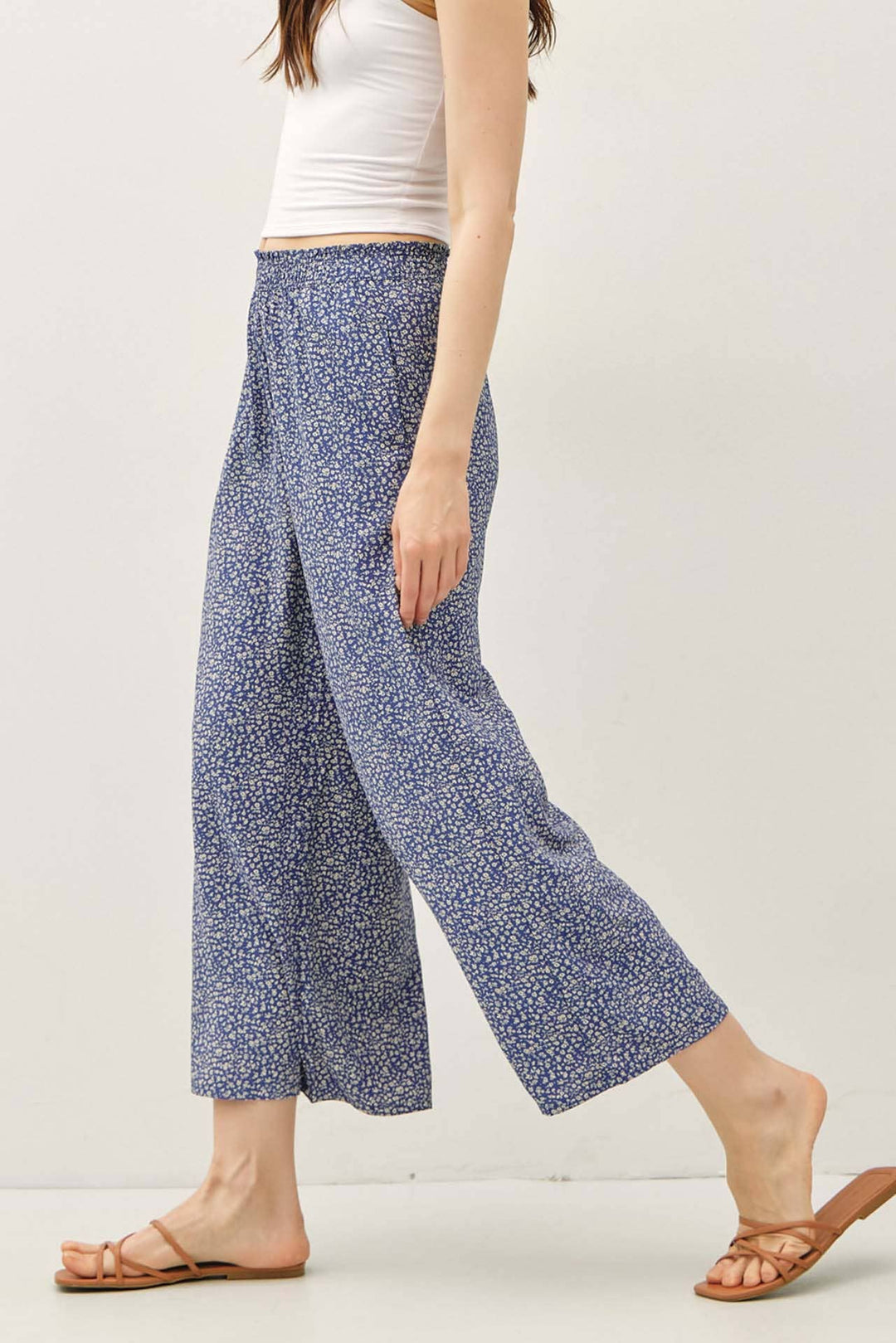 Pants - DITSY PRINTED CROP PANTS W/ ELASTIC WAISTBAND - - Cultured Cloths Apparel