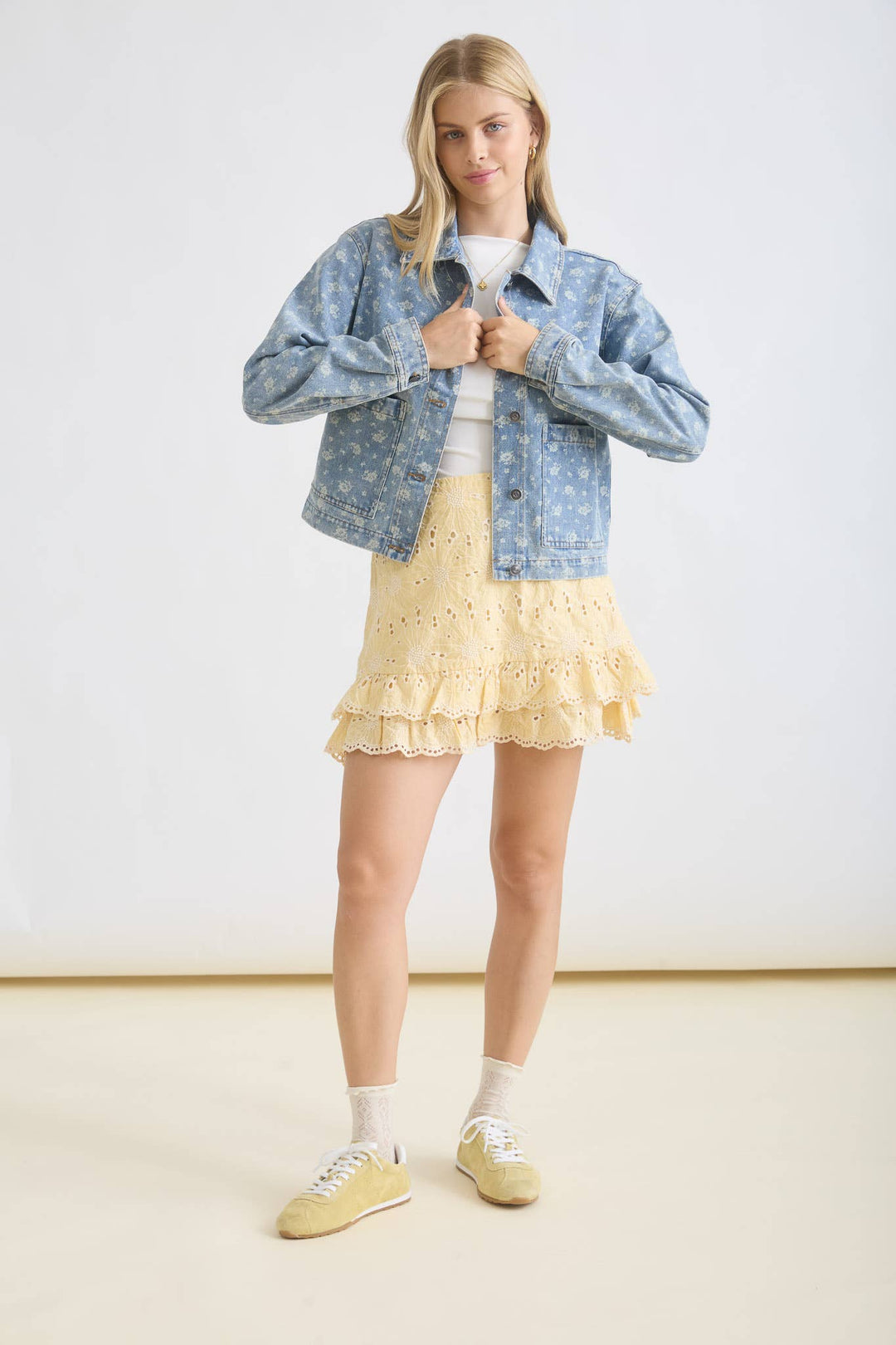Outerwear - FLORAL WASHED DENIM COLLARED BUTTON DOWN JACKET - - Cultured Cloths Apparel