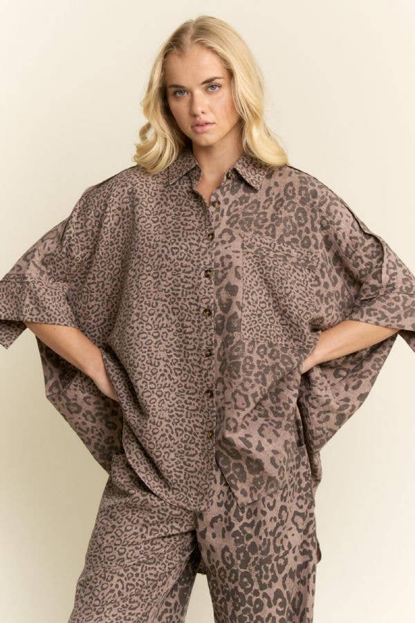 Leopard Print Oversized High-Low Button-Down Shirt