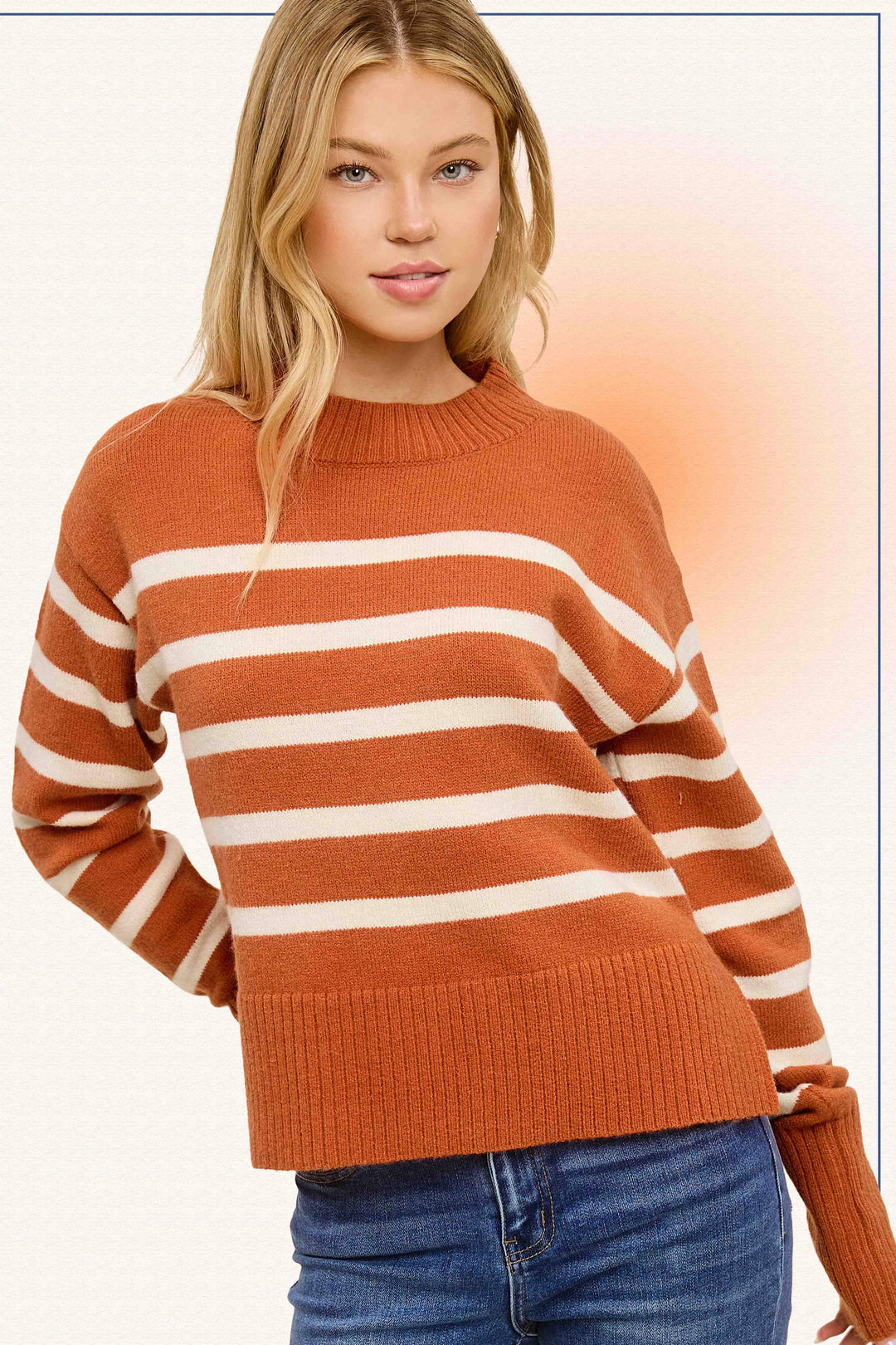 Striped Mock Neck Dolman Sleeve Loose Fit Sweater