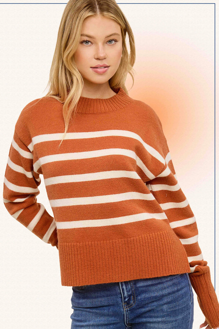 Striped Mock Neck Dolman Sleeve Loose Fit Sweater