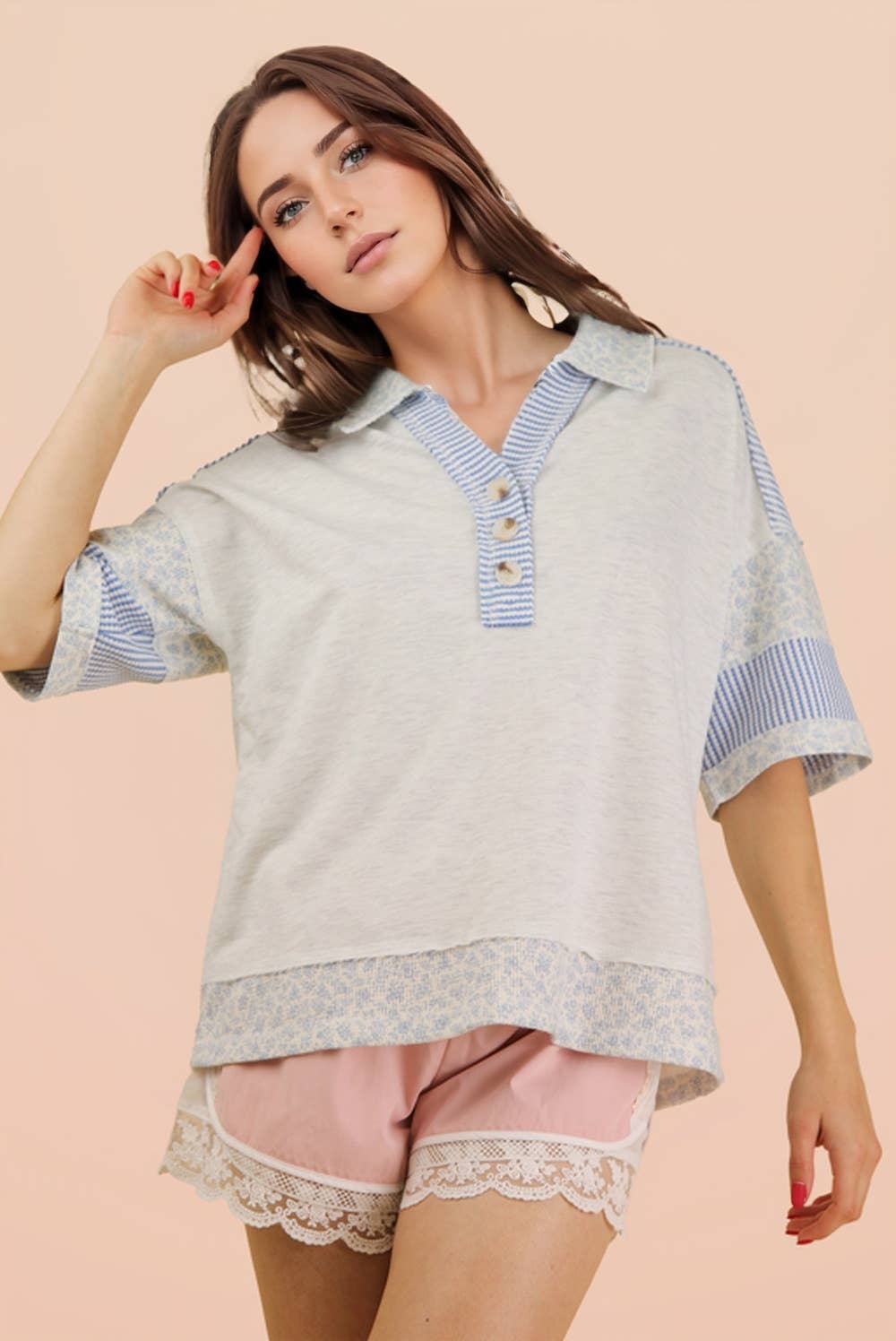 Women's Short Sleeve - Oversized Half Button Down Collared Knit Top - - Cultured Cloths Apparel