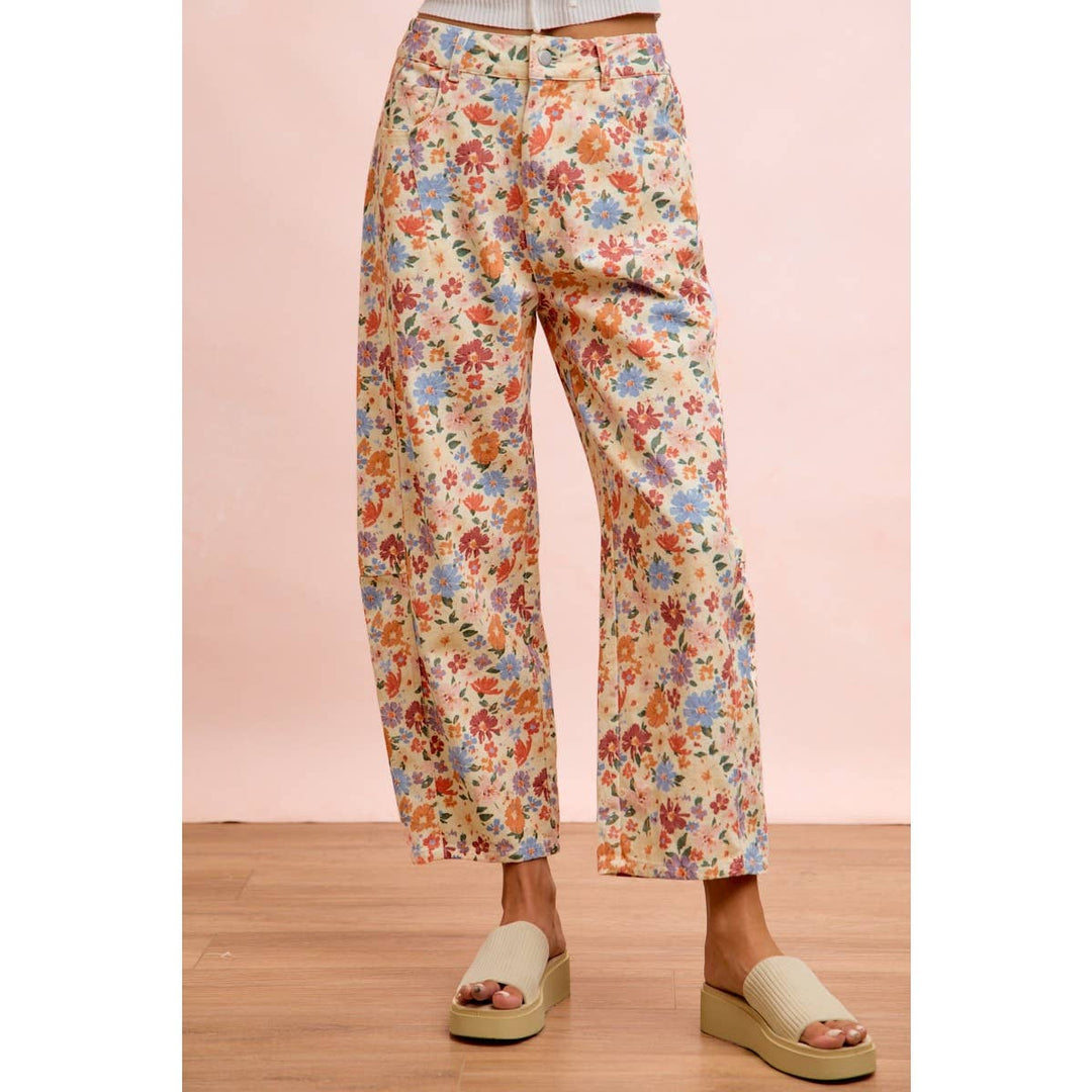 Pants - WASHED FLORAL PRINTED TWILL BARREL PANTS - CREAM MULTI - Cultured Cloths Apparel