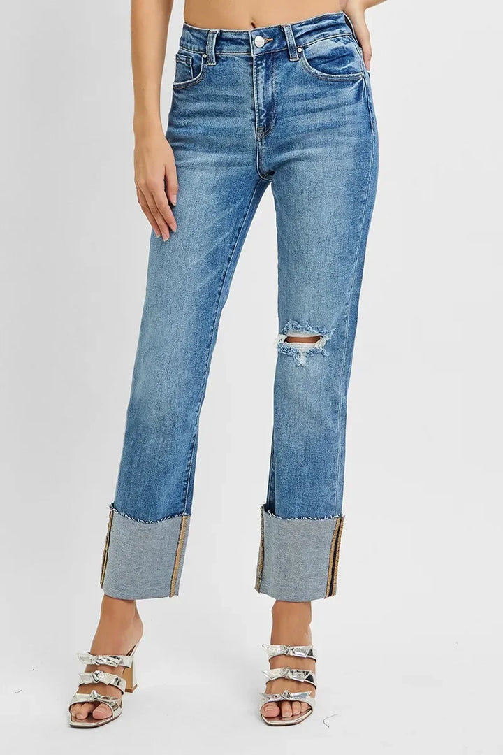 Denim - RISEN Full Size High Rise Ankle Straight Wide Cuffed Jeans Plus Size - MEDIUM - Cultured Cloths Apparel