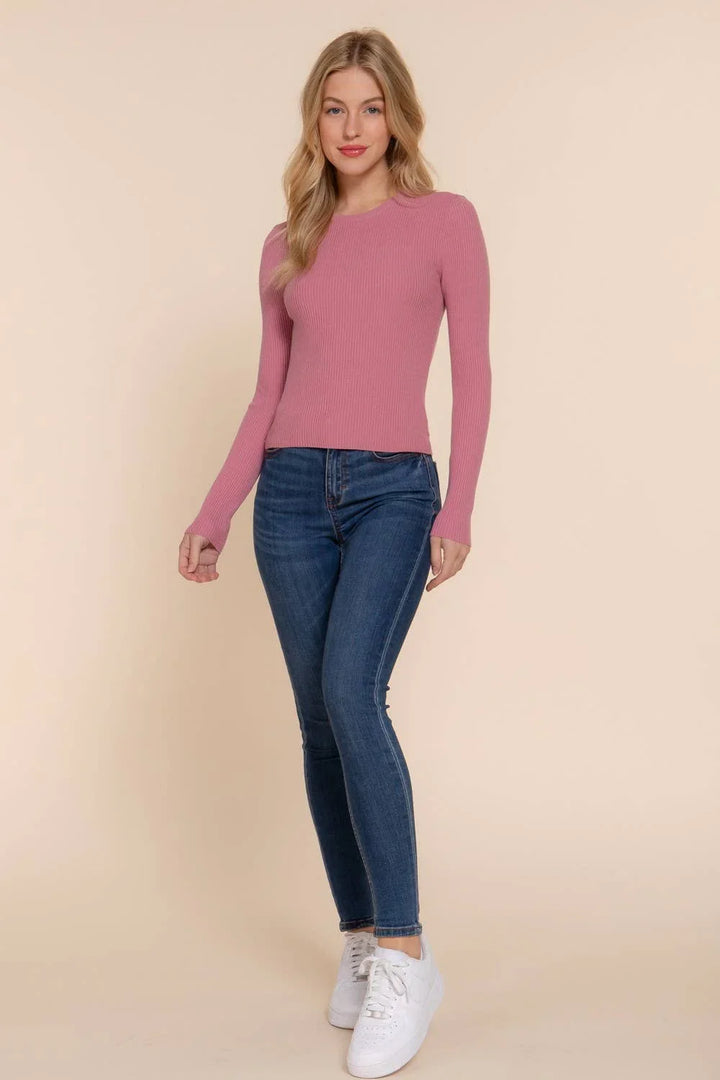 Long Sleeve Crew Neck Viscose Rib Sweater