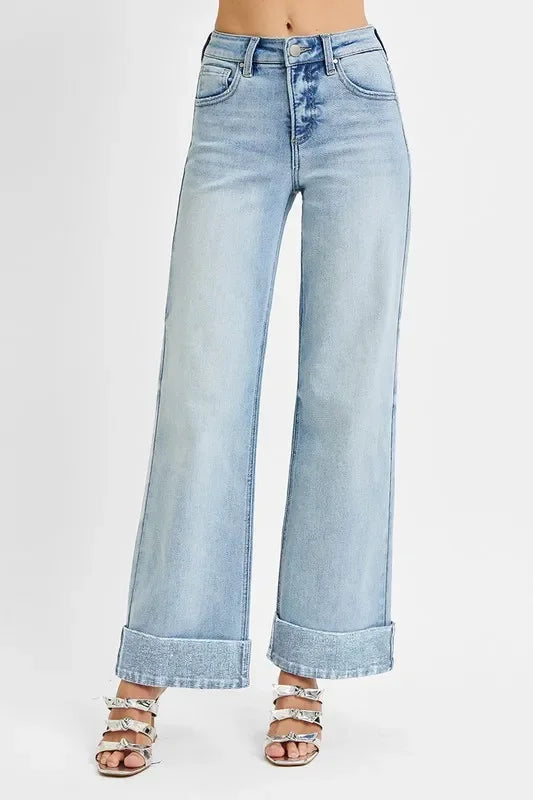 Denim - RISEN Full Size Tummy Control High Rise Ankle Wide Cuffed Jeans - - Cultured Cloths Apparel
