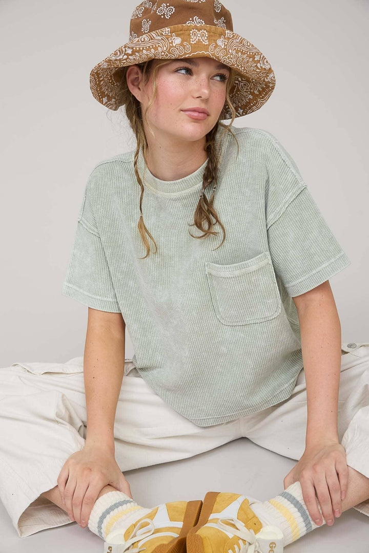 Women's Short Sleeve - WASHED RIBBED SHORT SLEEVE TEE WITH POCKET - - Cultured Cloths Apparel
