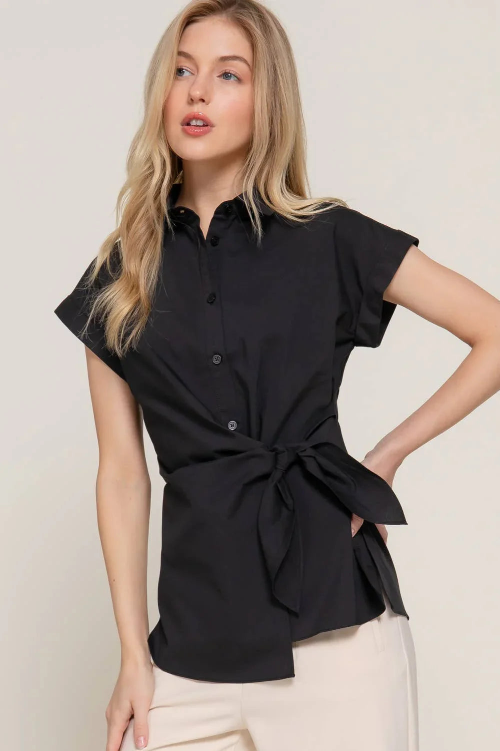 Women's Short Sleeve - Short Dolman Sleeve Button Down Side Knot Poplin Shirt - - Cultured Cloths Apparel