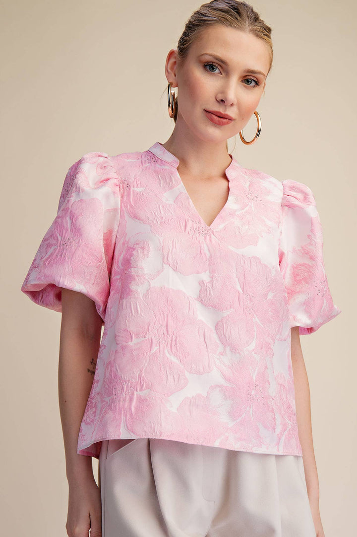 Women's Short Sleeve - V-Neck Puff Sleeve Jacquard Top - - Cultured Cloths Apparel