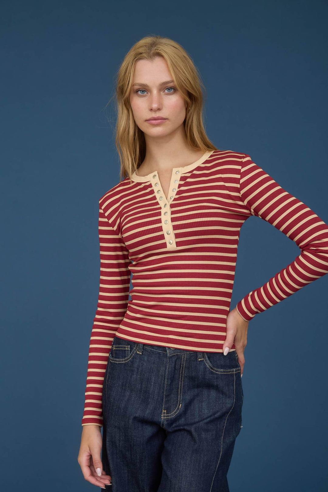 Women's Long Sleeve - STRIPE SNAP BUTTON HENLEY RIB KNIT TOP - - Cultured Cloths Apparel