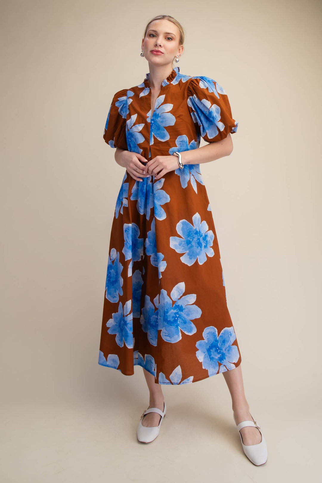 Lime Ruffle V-Neck Puff Sleeve Waist Pleated Midi Dress