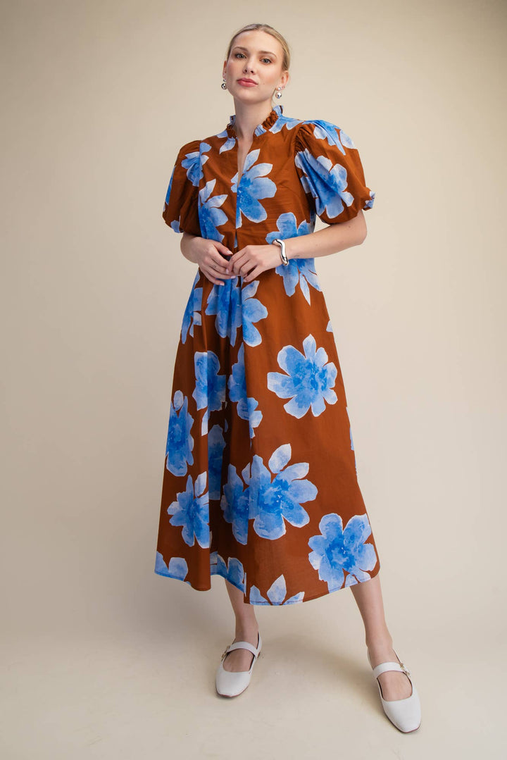 Lime Ruffle V-Neck Puff Sleeve Waist Pleated Midi Dress