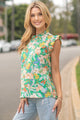 Women's Sleeveless - Floral Top with Ruffled Sleeve - Kelly Green - Cultured Cloths Apparel