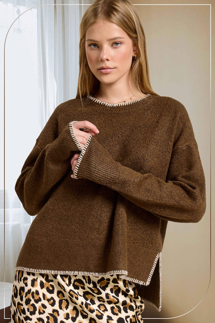 Hi-Low Crew Neck Sweater W/ Contrast Blanket Stitch