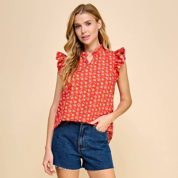 Women's Sleeveless - Floral Printed Top with V Neck and Ruffled Sleeves - Coral - Cultured Cloths Apparel