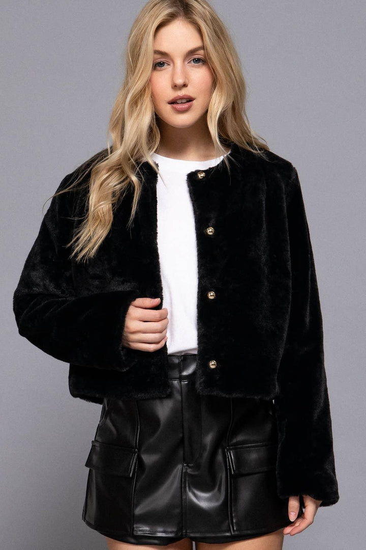 Outerwear - Long Sleeve Round Neck Faux Fur Crop Length Blazer - BLACK - Cultured Cloths Apparel