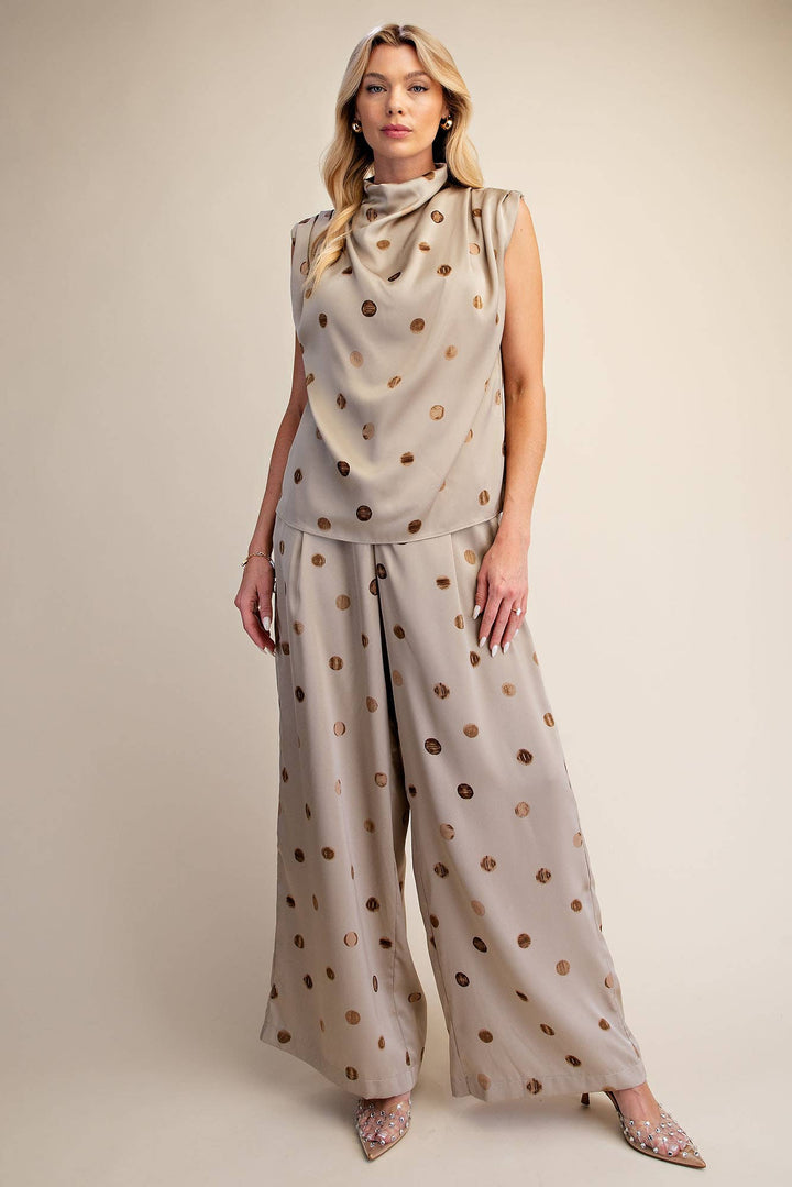 Cowl Mock Neck Pleats Shoulder Sleeveless Top Polka Dot