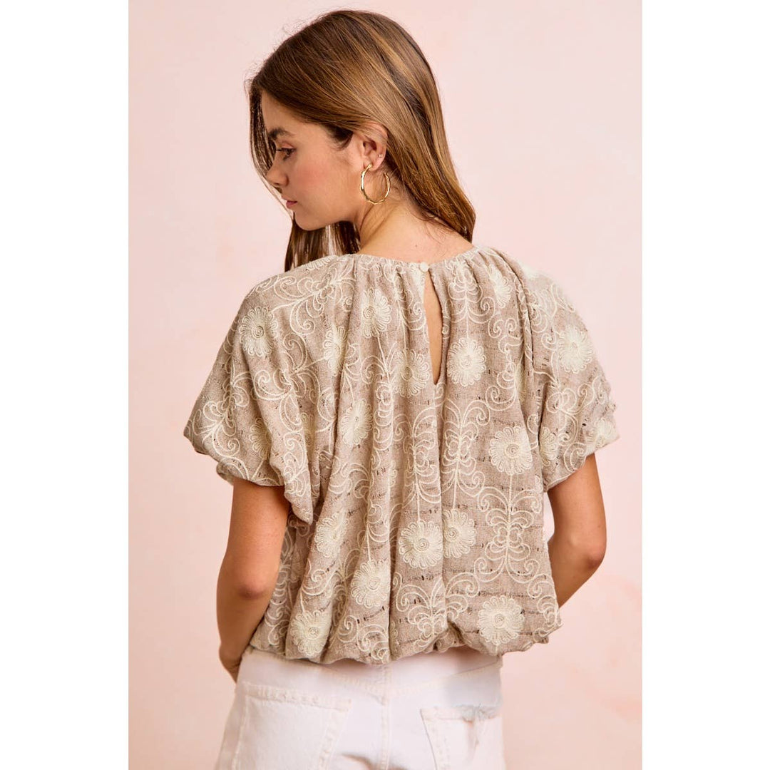Women's Short Sleeve - FLOWER EMBROIDERED SHIRRED NECKLINE BUBBLE HEM TOP - - Cultured Cloths Apparel