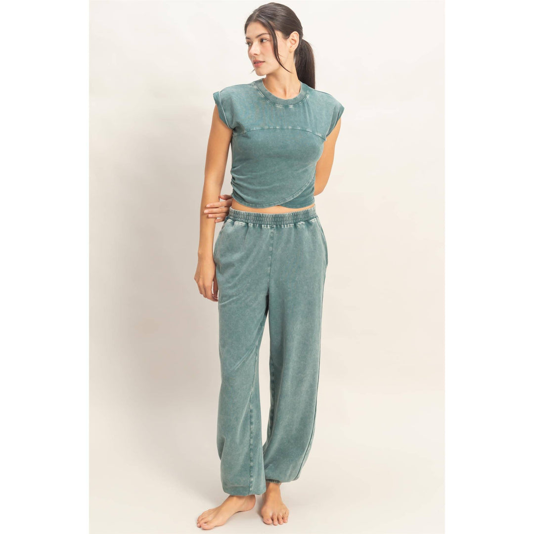 Athleisure - Rolled Sleeve Wrap-Front Crop Top And Jogger Set - - Cultured Cloths Apparel