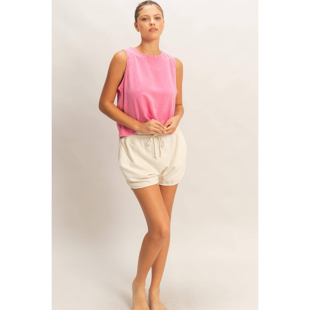 Women's Sleeveless - Pink Mineral Wash Button Back Sleeveless Top - - Cultured Cloths Apparel