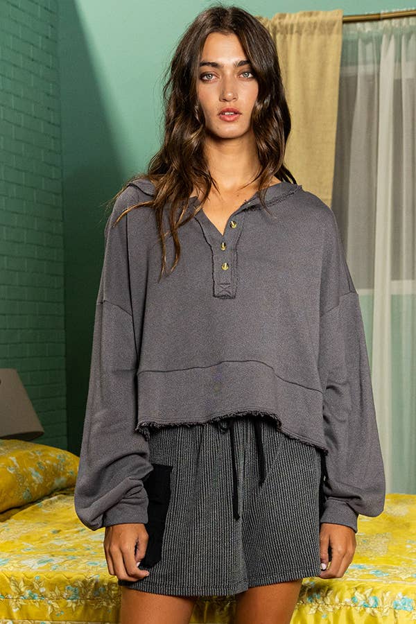 Lantern Sleeve Button-up French Terry Crop Top