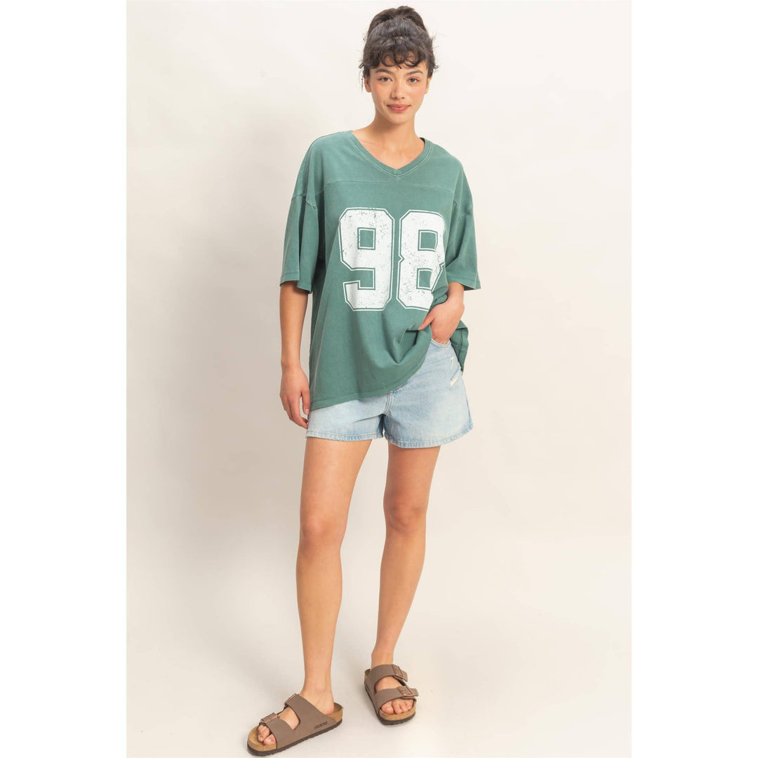 Graphic T-Shirts - Oversized Varsity Style V-Neck Graphic T-Shirt - - Cultured Cloths Apparel