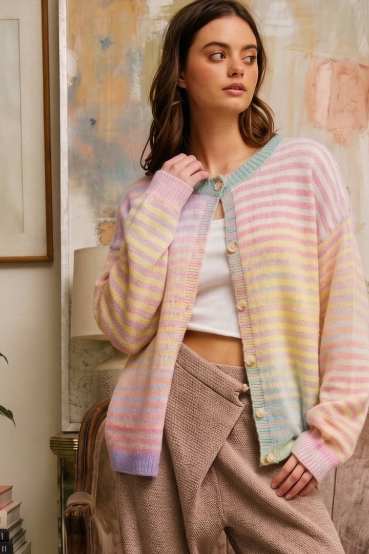Cardigans - Space-Dye Striped Button-Down Cardigan - - Cultured Cloths Apparel