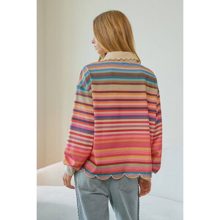 Celestine Whimsical Stripe Collared Scalloped Top