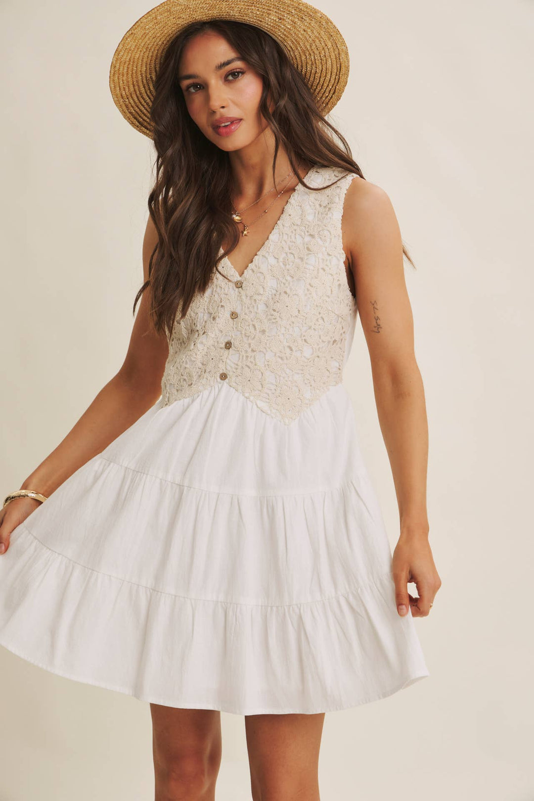 Dresses - FRENCH PICNIC MIXED MEDIA COTTON CROCHET MINI DRESS - OFF WHITE - Cultured Cloths Apparel