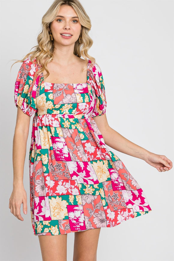 Women's Dresses - GeeGee Floral Ruff Sleeve Mini Dress - Fuchsia - Cultured Cloths Apparel