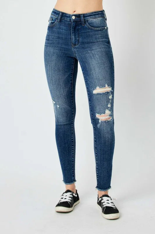 Denim - Judy Blue Full Size High Waist Distressed Skinny Jeans - Dark - Cultured Cloths Apparel