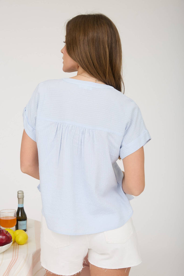 RUCHED SHOULDER DETAIL SHORT SLEEVE HENLEY TOP