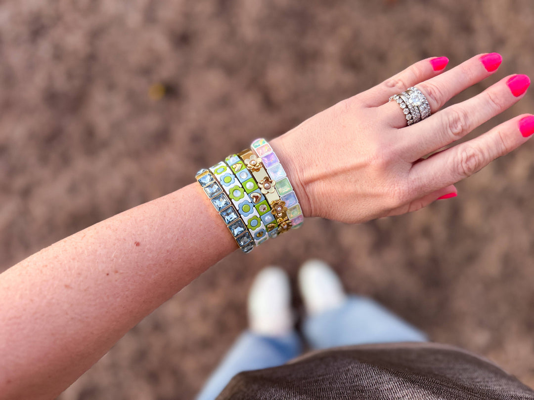 Accessories, Bracelets - Enamel Stretch Bracelet - Square Gems - Libby - Asst Colors - - Cultured Cloths Apparel